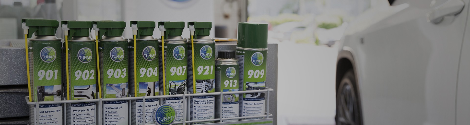 Aufeinander abgestimmtes Set von grünen Spraydosen in einem Werkstattkorb